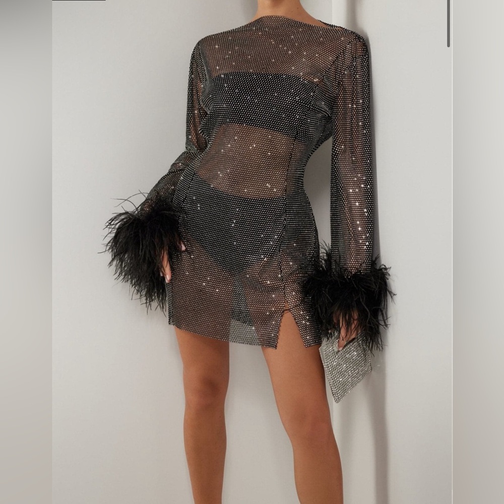 BLACK CRYSTAL EMBELLISHED MESH MINI DRESS